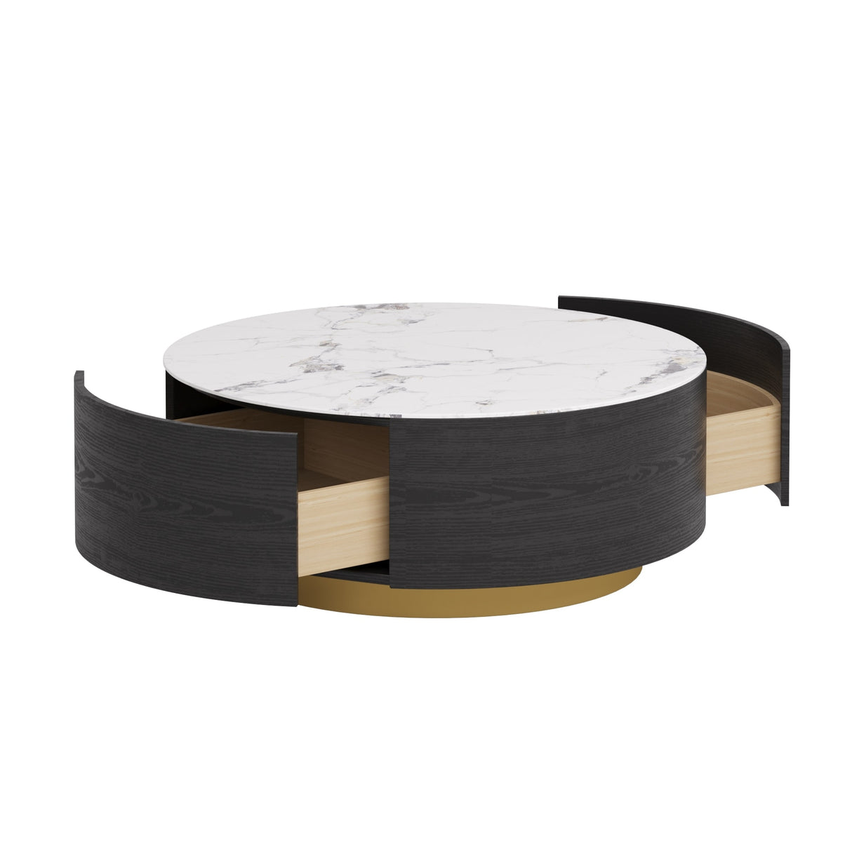 Modern Drum Coffee Table with Oak Veneer, Sintered Stone Coffee Table with 2 Solid Wood Drawers