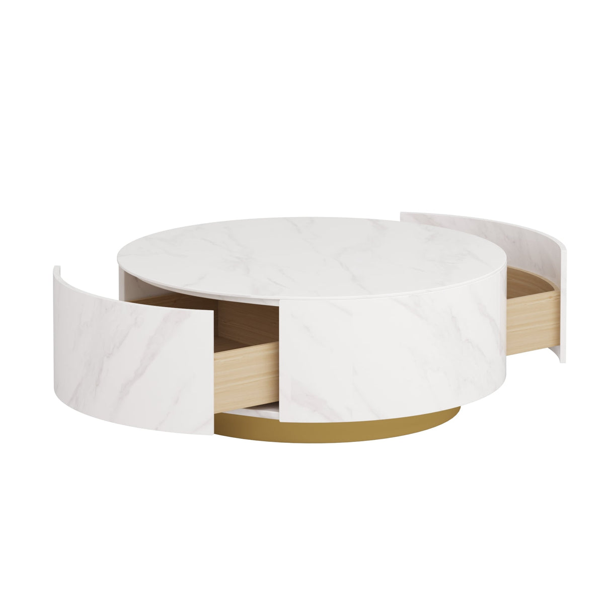 Modern Drum Coffee Table with Oak Veneer, Sintered Stone Coffee Table with 2 Solid Wood Drawers