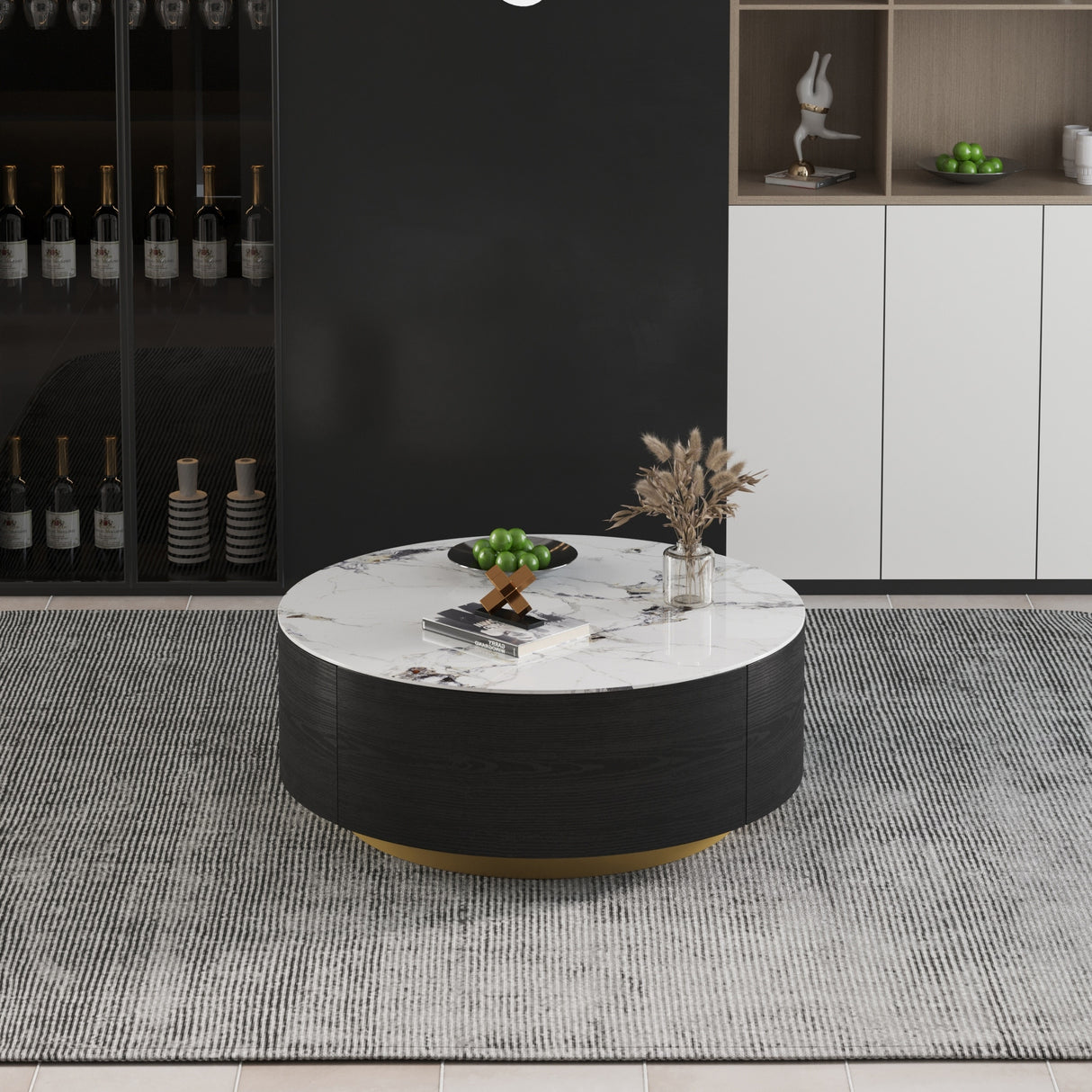 Modern Drum Coffee Table with Oak Veneer, Sintered Stone Coffee Table with 2 Solid Wood Drawers