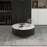 Modern Drum Coffee Table with Oak Veneer, Sintered Stone Coffee Table with 2 Solid Wood Drawers