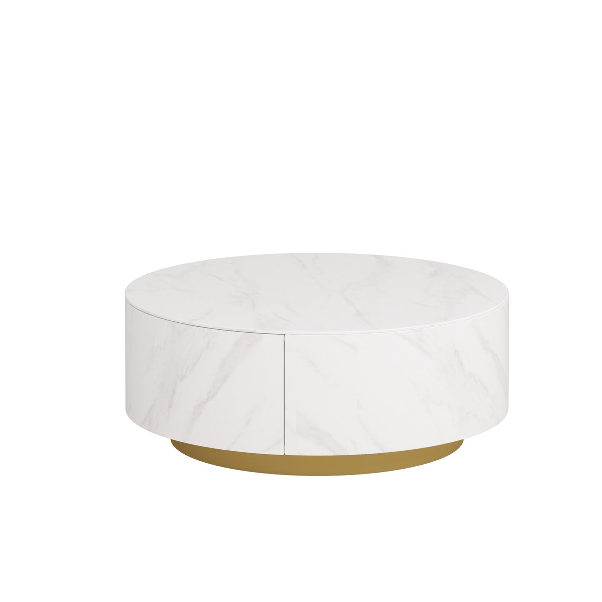 Modern Drum Coffee Table with Oak Veneer, Sintered Stone Coffee Table with 2 Solid Wood Drawers