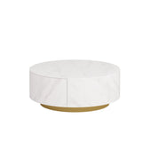 Modern Drum Coffee Table with Oak Veneer, Sintered Stone Coffee Table with 2 Solid Wood Drawers