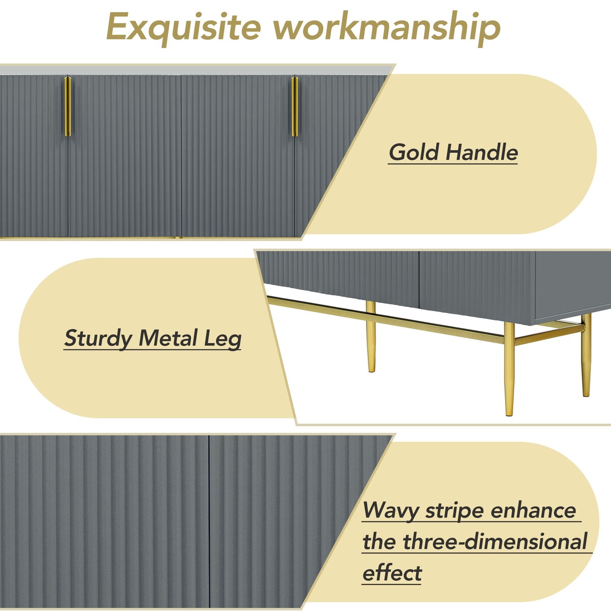 Modern Elegant 4-door Sideboard Gold Metal Handle Buffet Cabinet for Dining Room, Living Room, Bedroom, Hallway (Gray)
