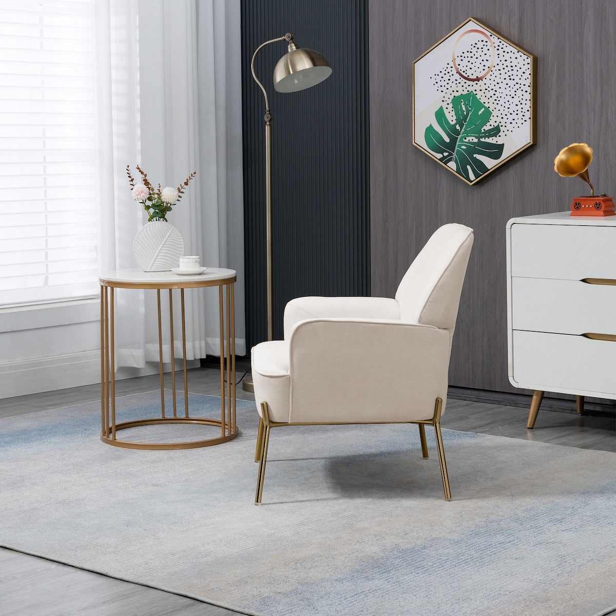 Modern Elegant Upholstered Arm Accent Chair, Living Room Linen Chair / Leisure Single Sofa with Golden Feet