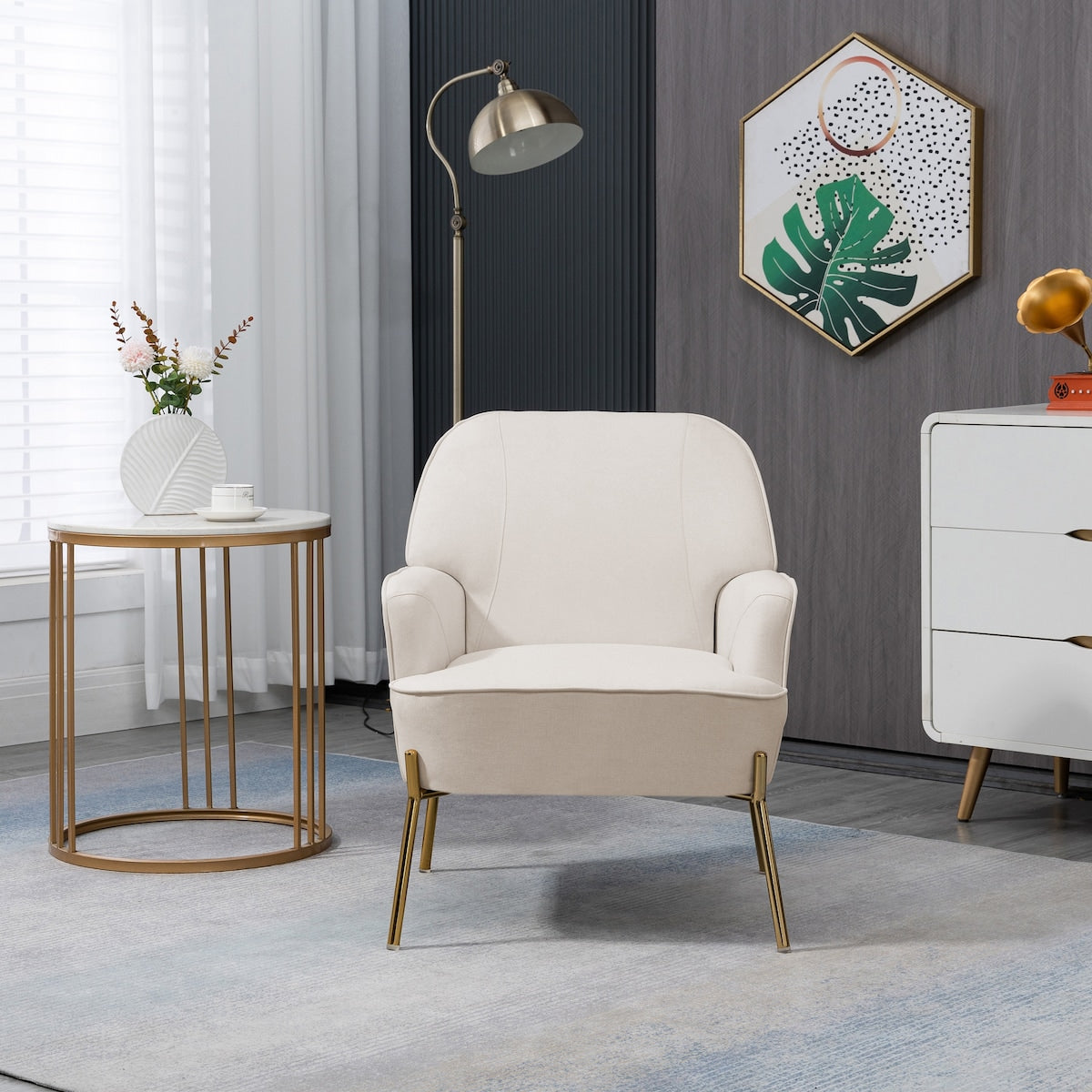Modern Elegant Upholstered Arm Accent Chair, Living Room Linen Chair / Leisure Single Sofa with Golden Feet
