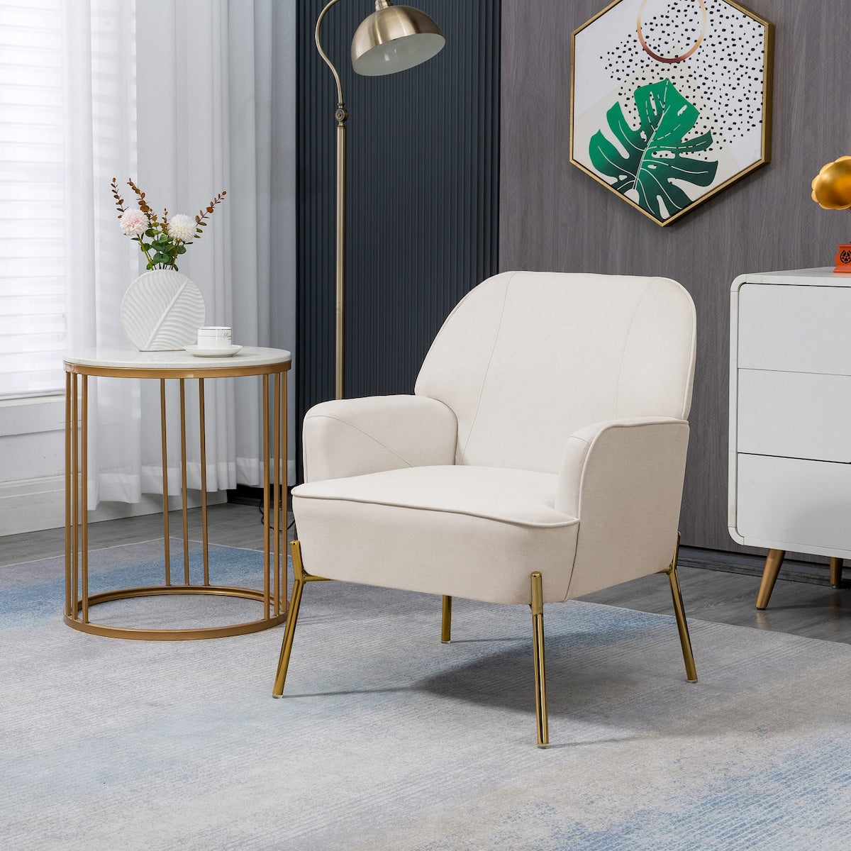 Modern Elegant Upholstered Arm Accent Chair, Living Room Linen Chair / Leisure Single Sofa with Golden Feet