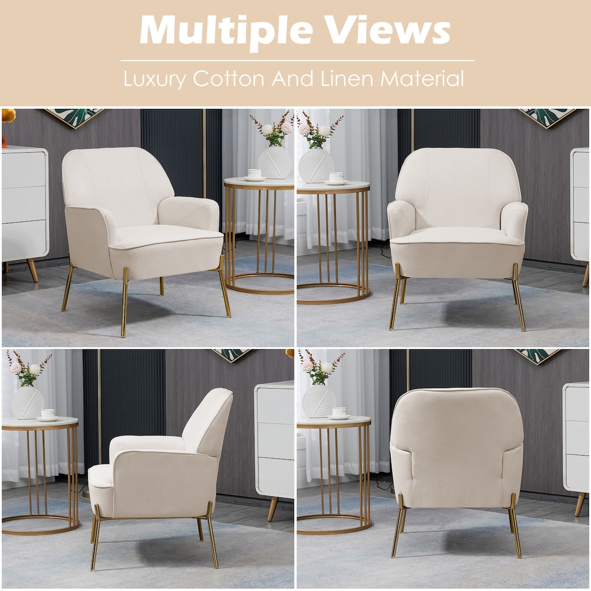Modern Elegant Upholstered Arm Accent Chair, Living Room Linen Chair / Leisure Single Sofa with Golden Feet