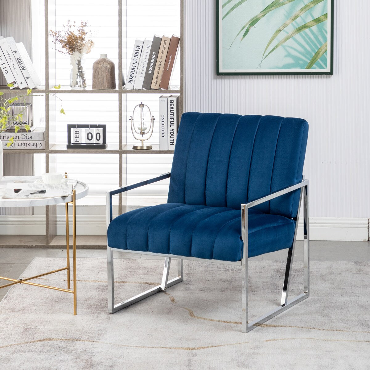 Modern Elegant Velvet Tufted Armchair Silver Armrest Accent Chair