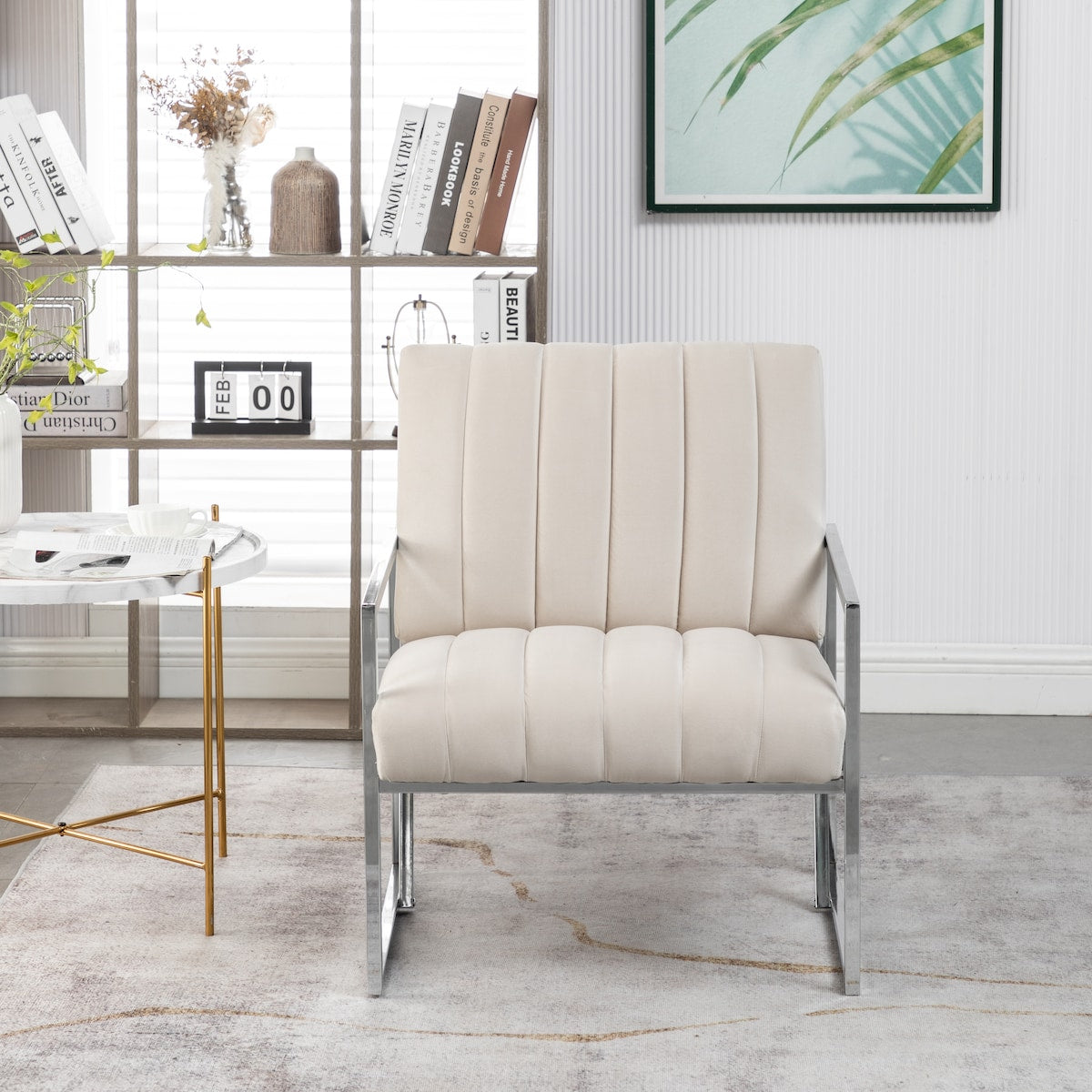 Modern Elegant Velvet Tufted Armchair Silver Armrest Accent Chair