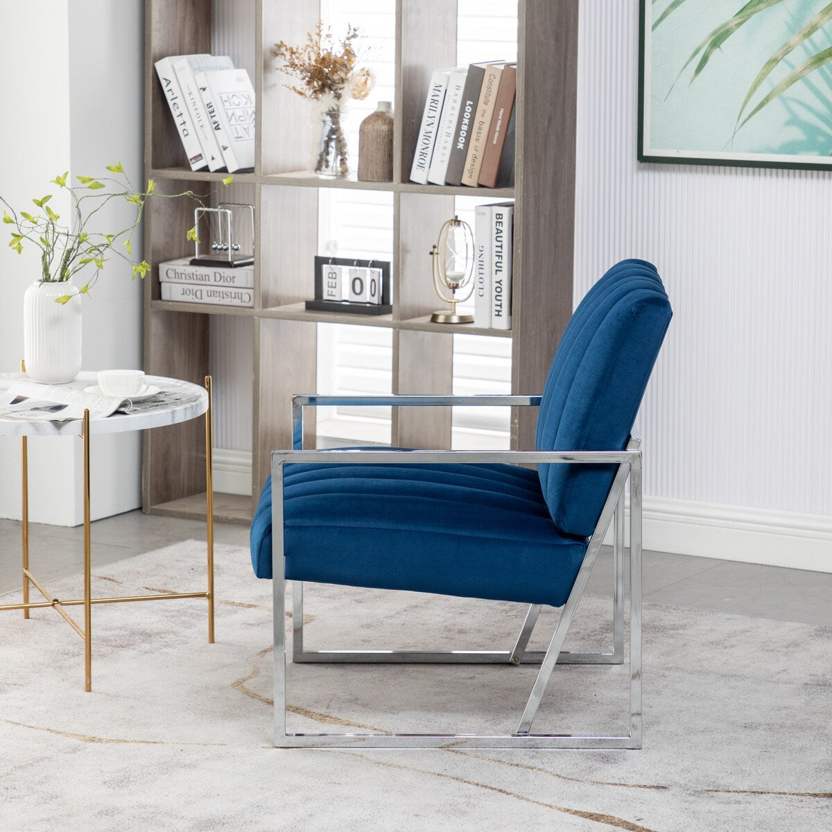 Modern Elegant Velvet Tufted Armchair Silver Armrest Accent Chair