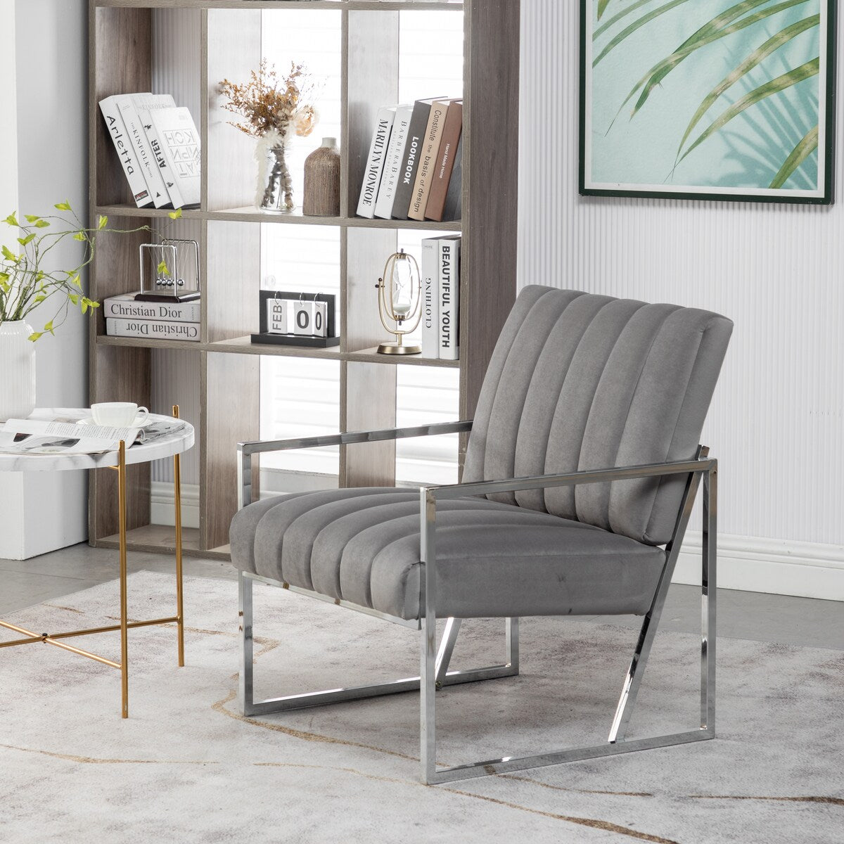 Modern Elegant Velvet Tufted Armchair Silver Armrest Accent Chair