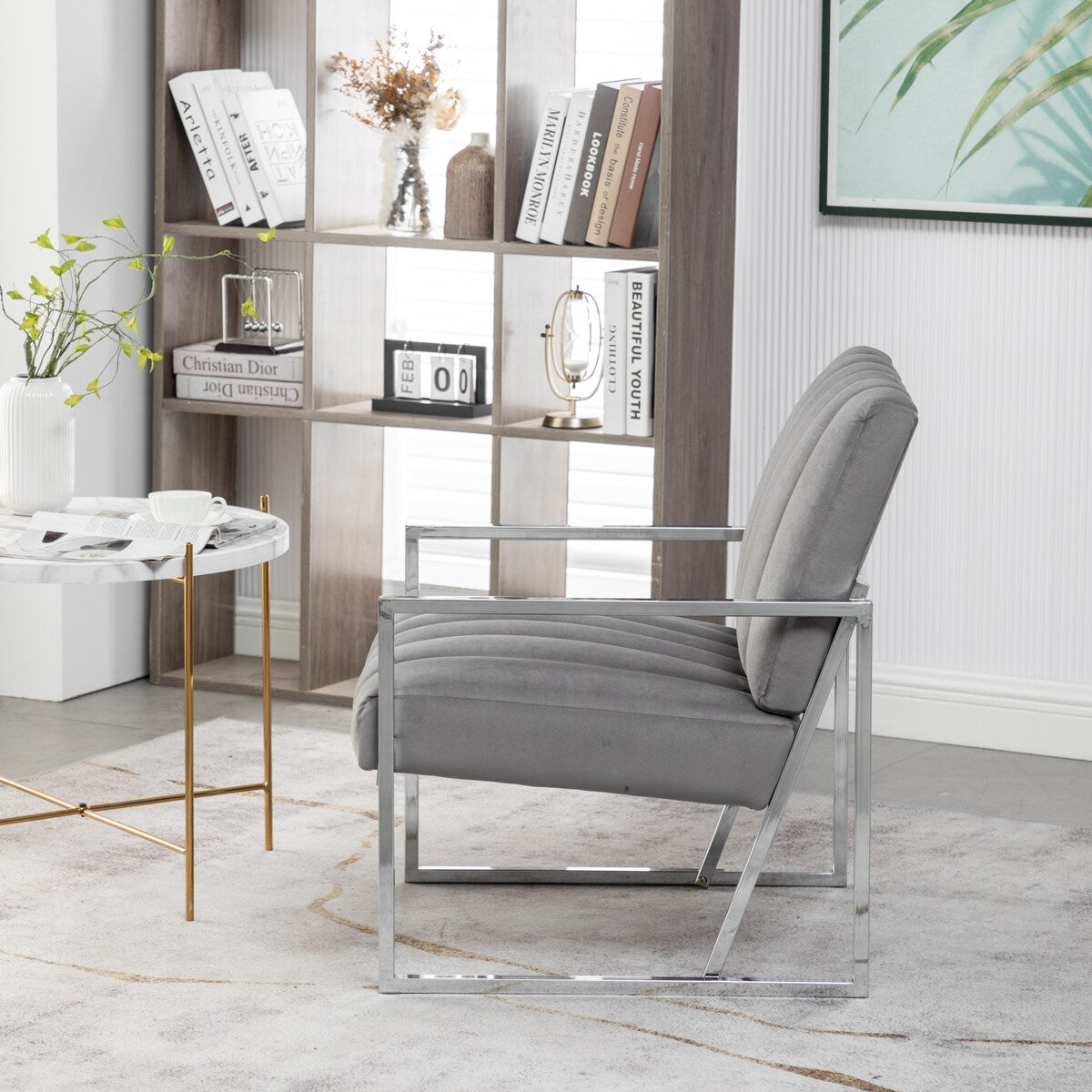 Modern Elegant Velvet Tufted Armchair Silver Armrest Accent Chair