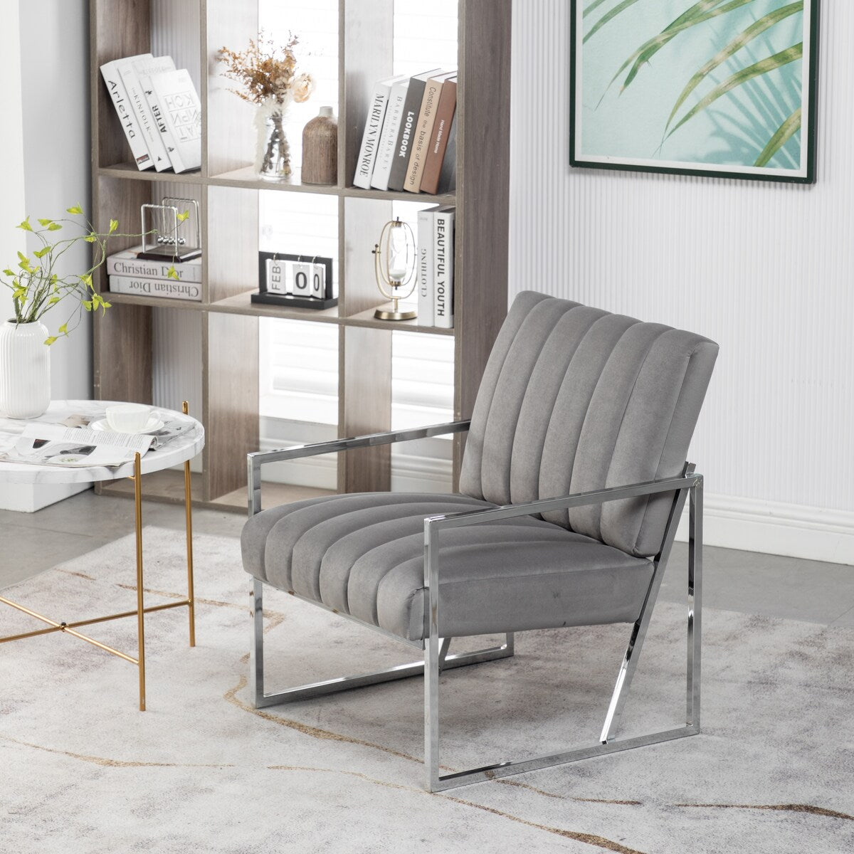 Modern Elegant Velvet Tufted Armchair Silver Armrest Accent Chair
