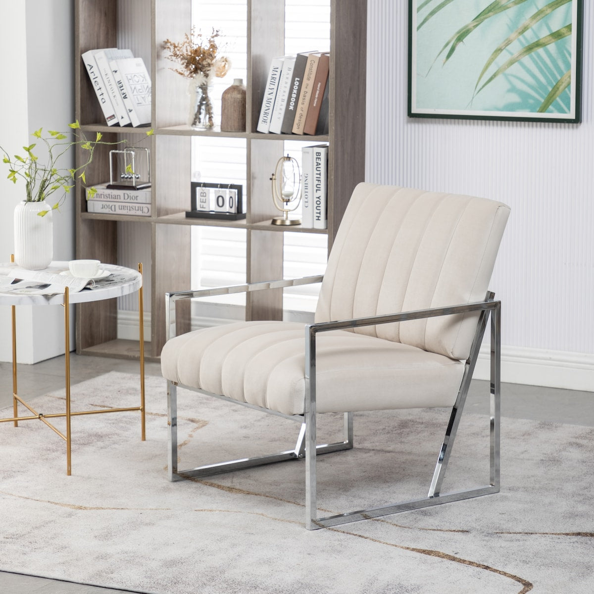 Modern Elegant Velvet Tufted Armchair Silver Armrest Accent Chair