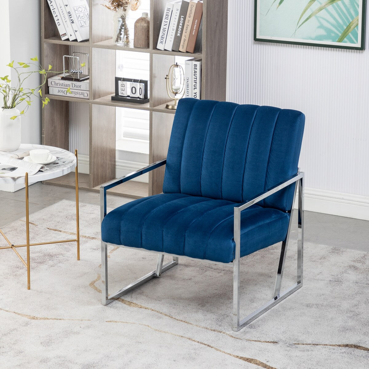 Modern Elegant Velvet Tufted Armchair Silver Armrest Accent Chair