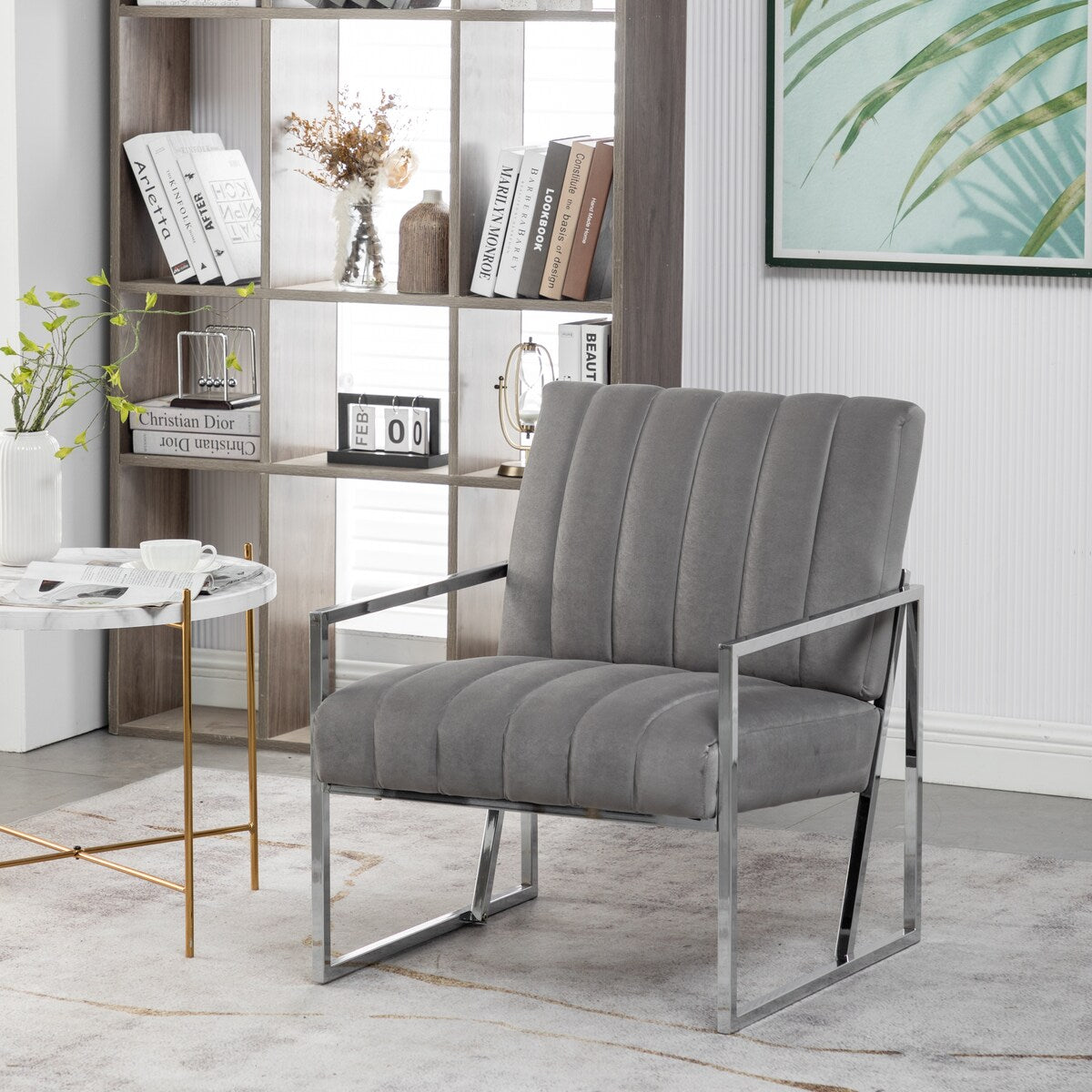 Modern Elegant Velvet Tufted Armchair Silver Armrest Accent Chair