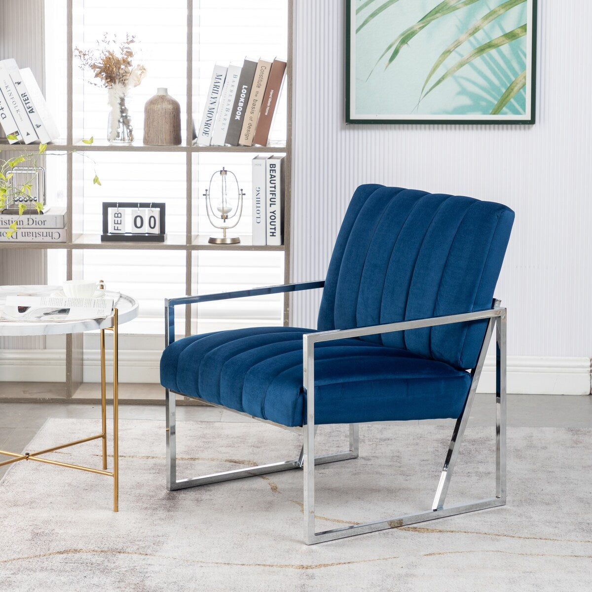 Modern Elegant Velvet Tufted Armchair Silver Armrest Accent Chair