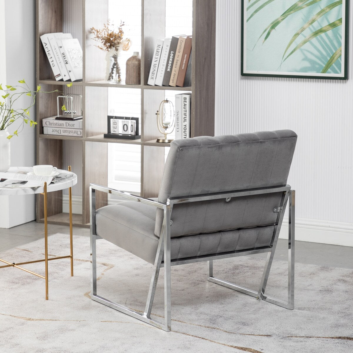 Modern Elegant Velvet Tufted Armchair Silver Armrest Accent Chair
