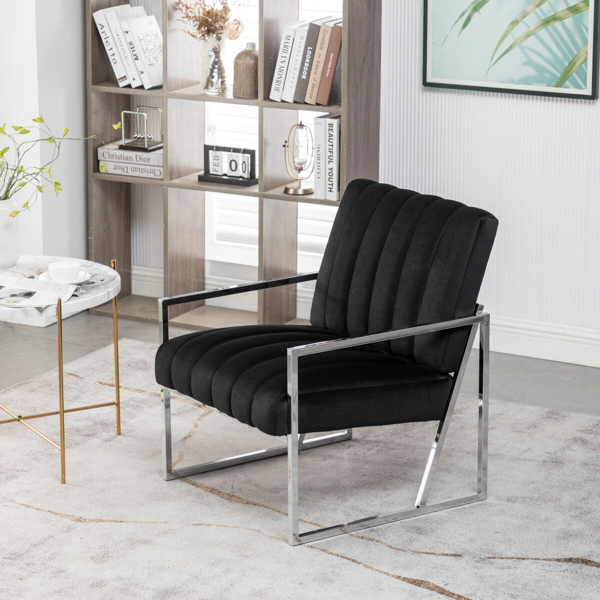 Modern Elegant Velvet Tufted Armchair Silver Armrest Accent Chair