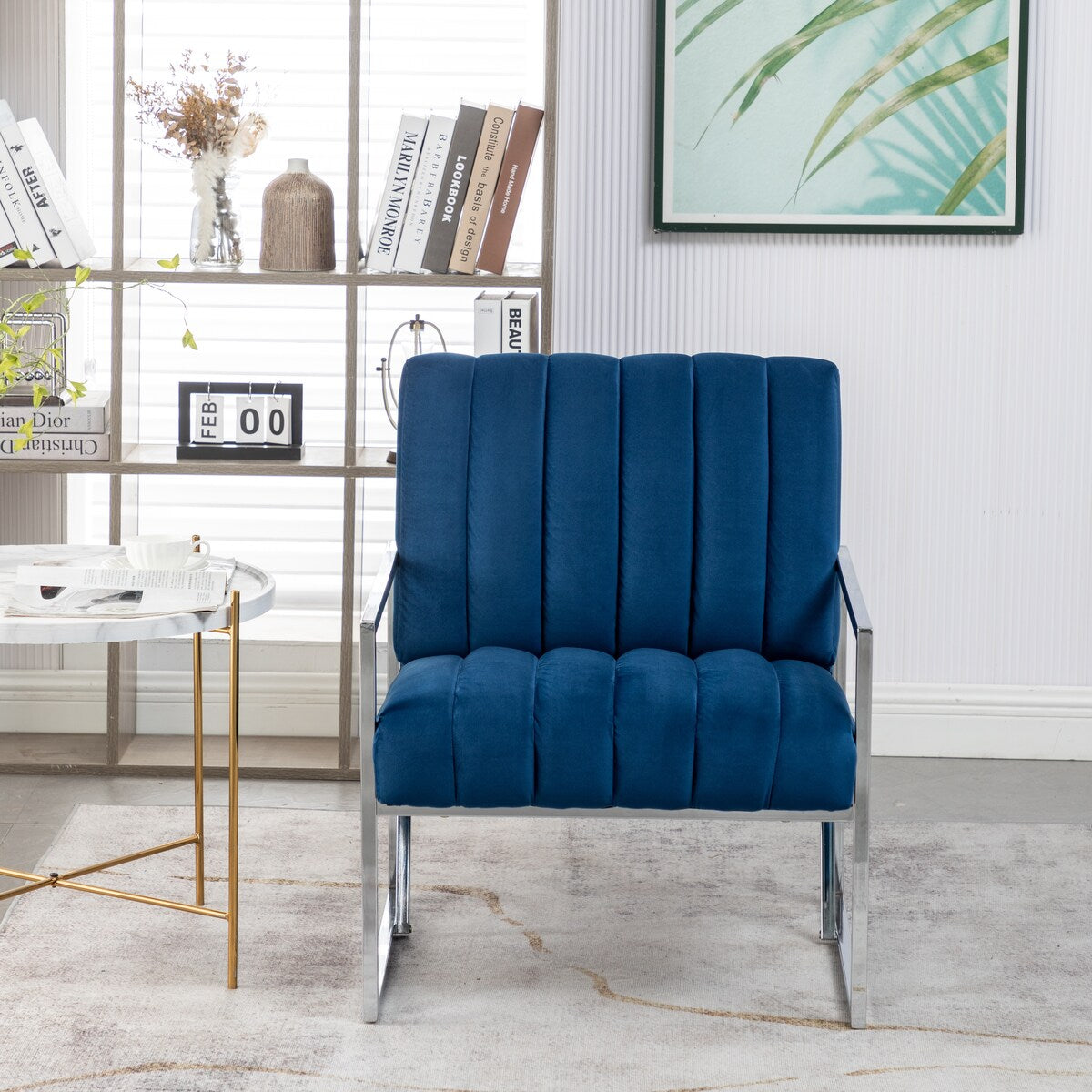 Modern Elegant Velvet Tufted Armchair Silver Armrest Accent Chair