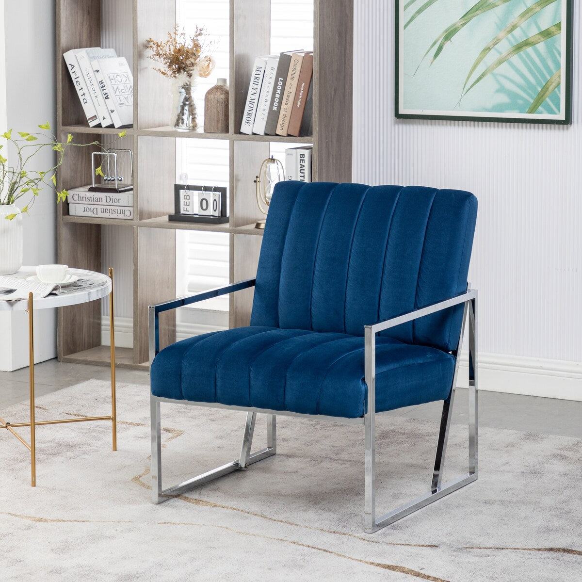 Modern Elegant Velvet Tufted Armchair Silver Armrest Accent Chair