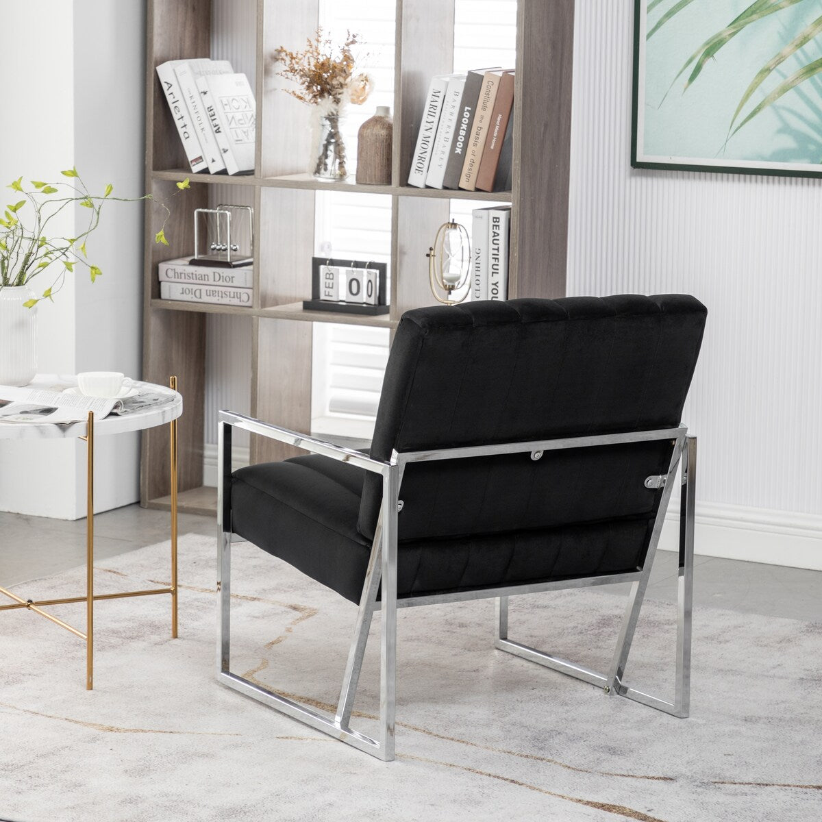 Modern Elegant Velvet Tufted Armchair Silver Armrest Accent Chair