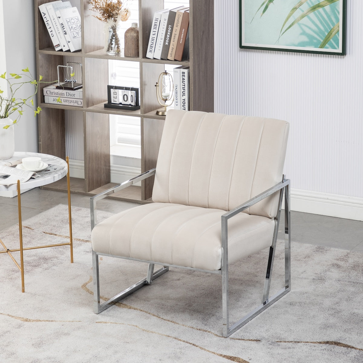 Modern Elegant Velvet Tufted Armchair Silver Armrest Accent Chair