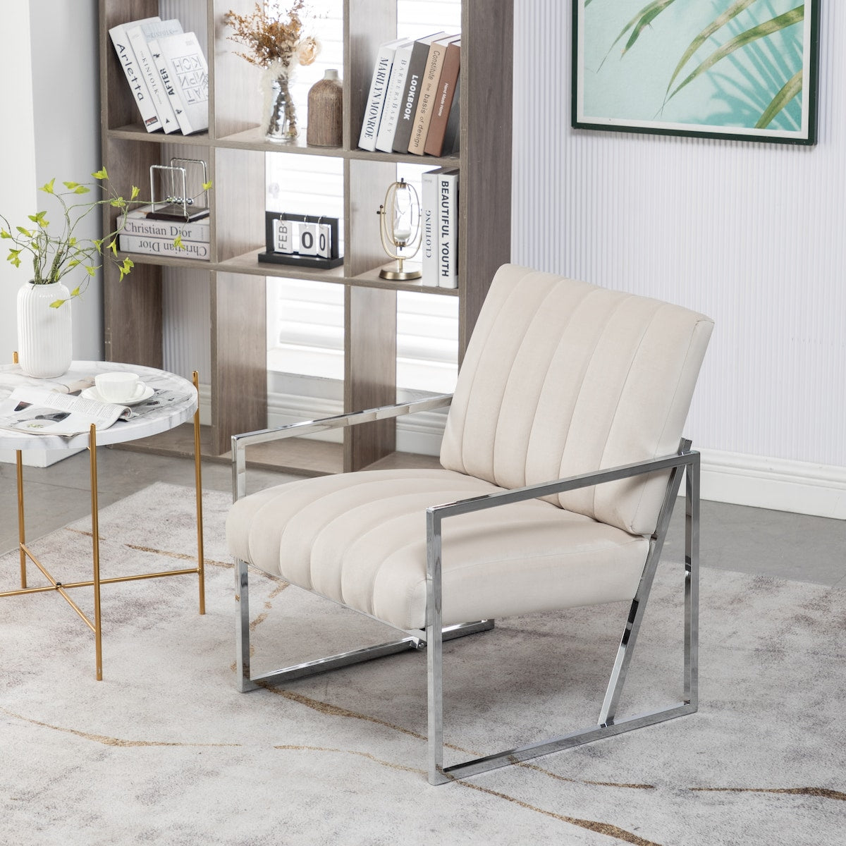 Modern Elegant Velvet Tufted Armchair Silver Armrest Accent Chair