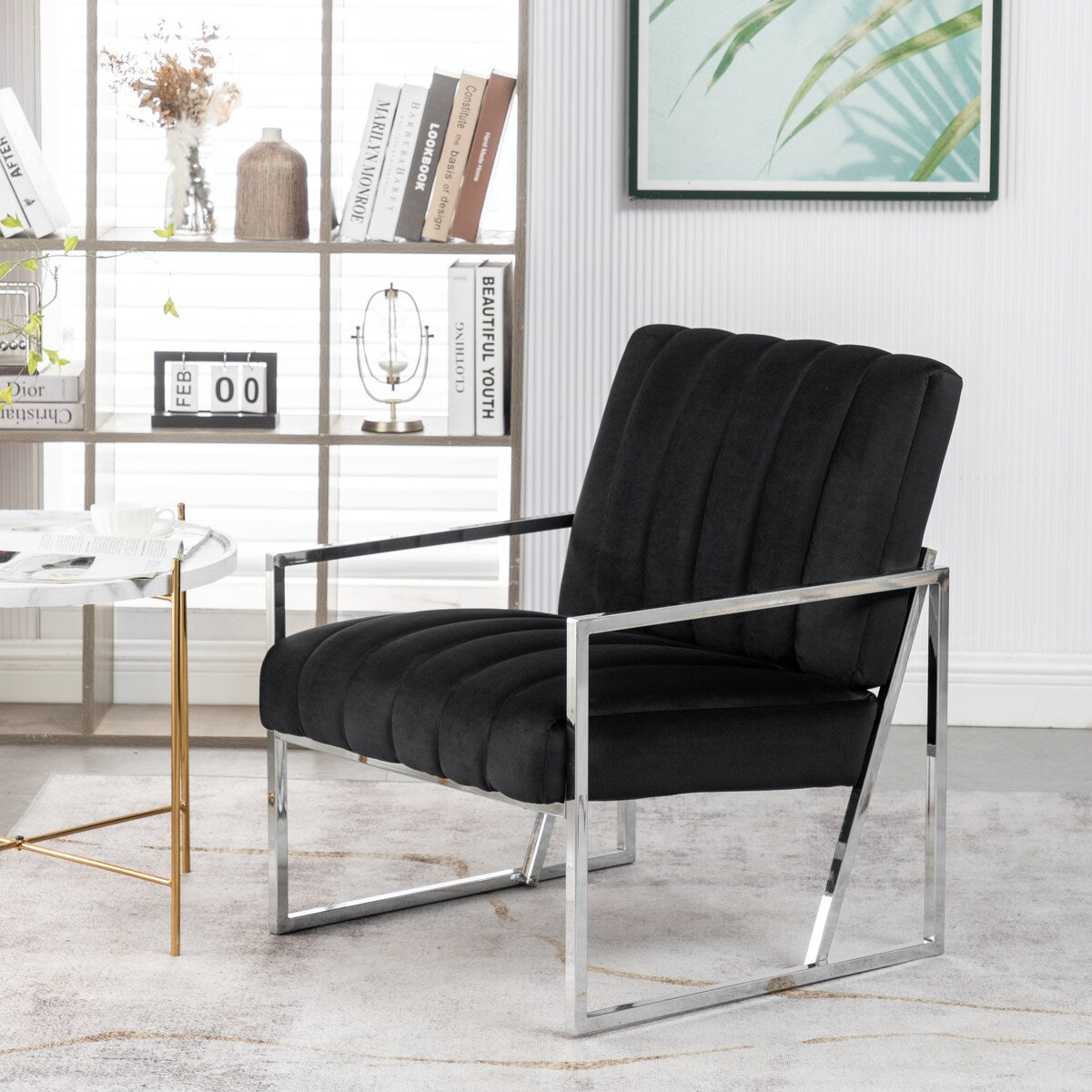 Modern Elegant Velvet Tufted Armchair Silver Armrest Accent Chair