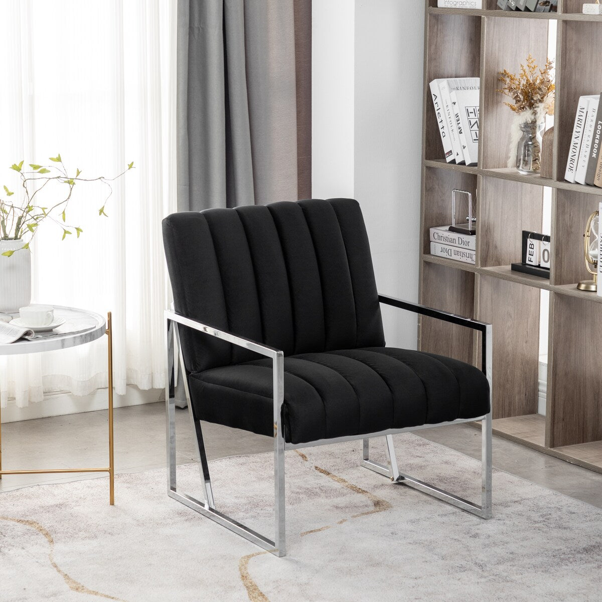 Modern Elegant Velvet Tufted Armchair Silver Armrest Accent Chair