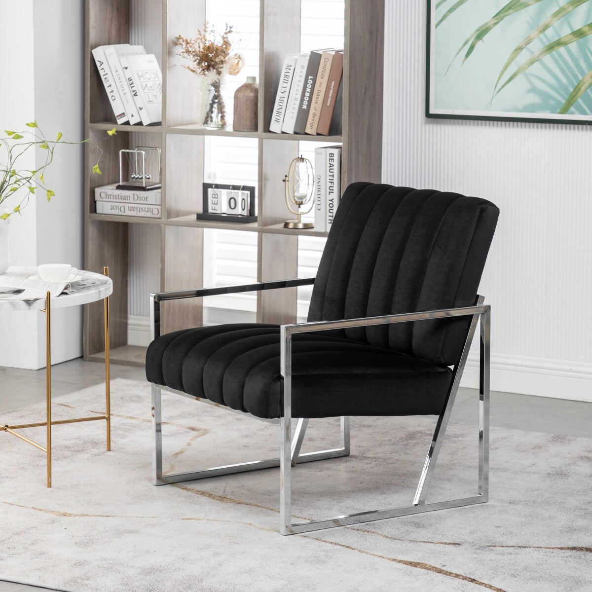 Modern Elegant Velvet Tufted Armchair Silver Armrest Accent Chair
