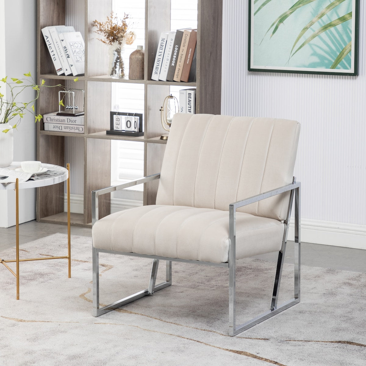 Modern Elegant Velvet Tufted Armchair Silver Armrest Accent Chair