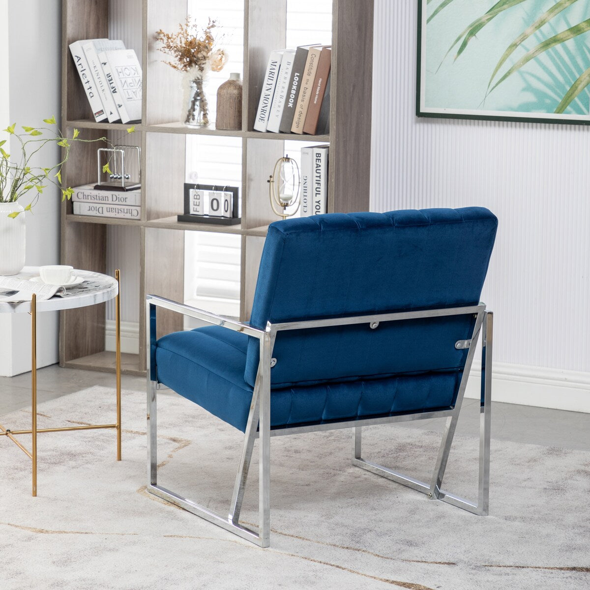 Modern Elegant Velvet Tufted Armchair Silver Armrest Accent Chair