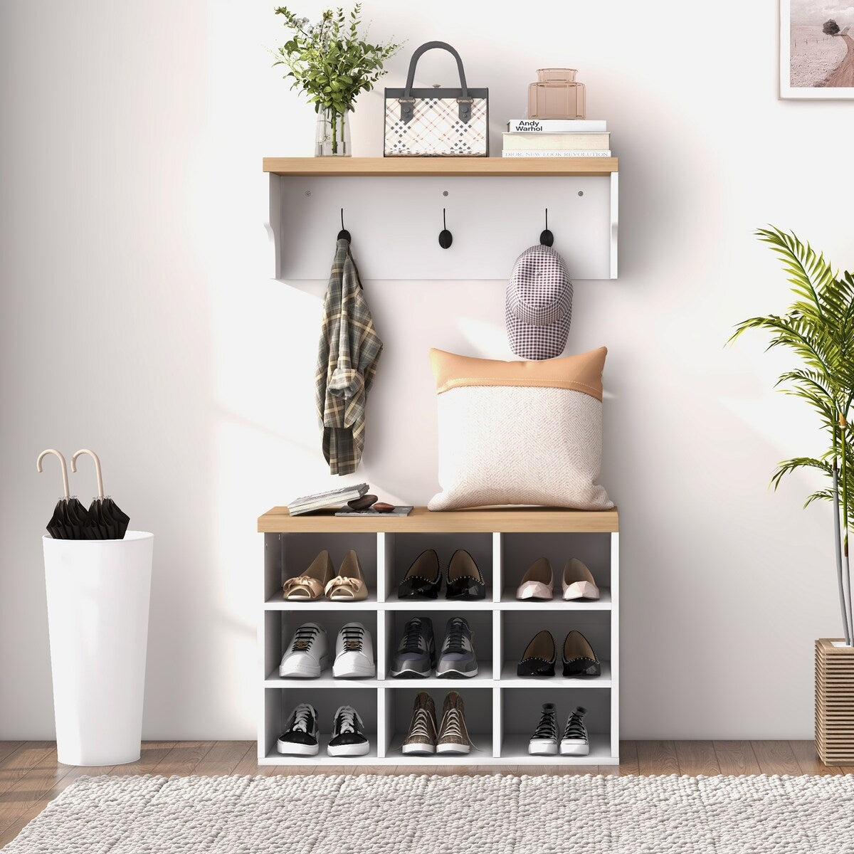 Modern Entryway 9 Pair Shoe Storage Cabinet Rack with Hall Tree
