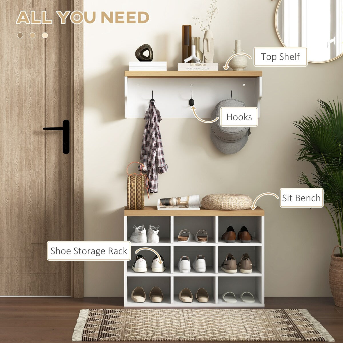 Modern Entryway 9 Pair Shoe Storage Cabinet Rack with Hall Tree