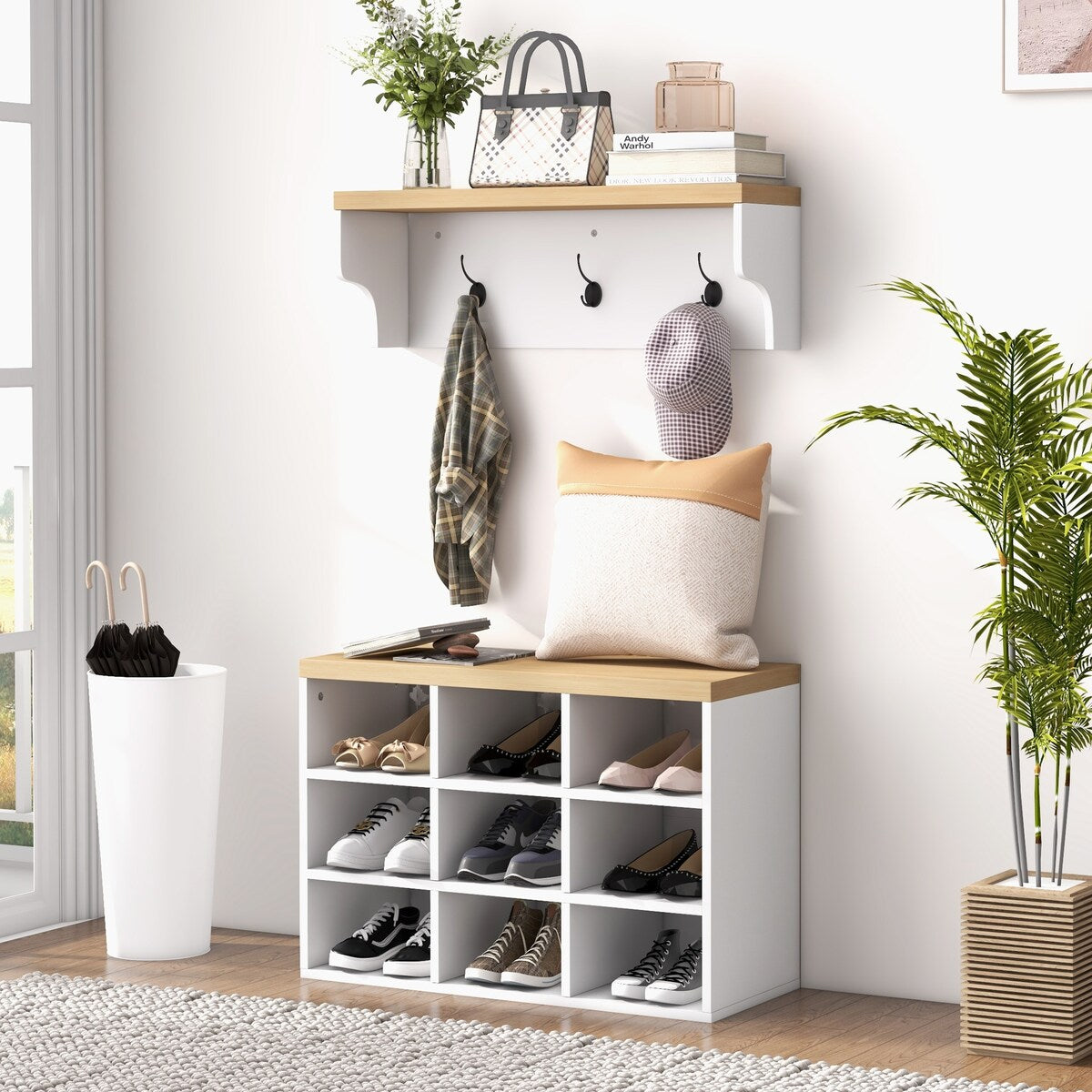 Modern Entryway 9 Pair Shoe Storage Cabinet Rack with Hall Tree