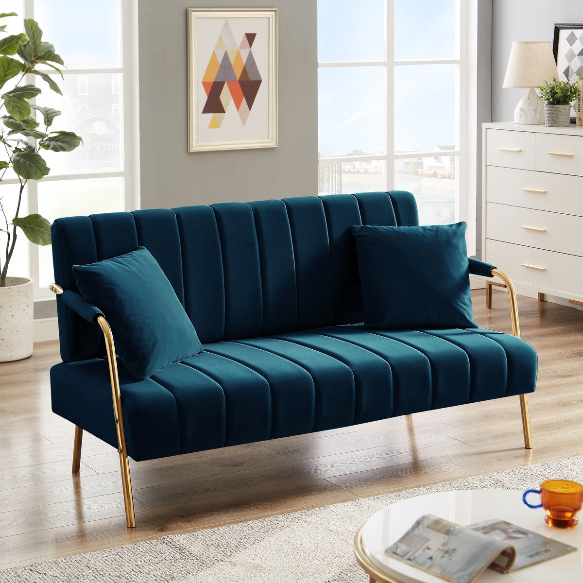 Modern Fabric Sofa With Two Throw Pillows,Suitable Many Places,2 Seat