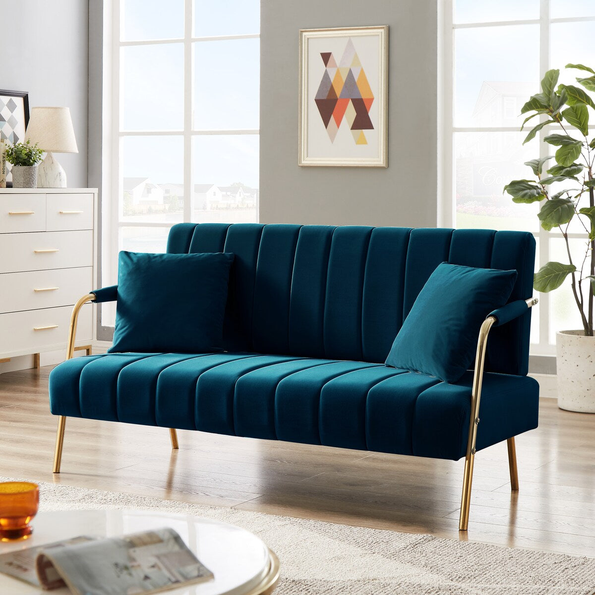 Modern Fabric Sofa With Two Throw Pillows,Suitable Many Places,2 Seat