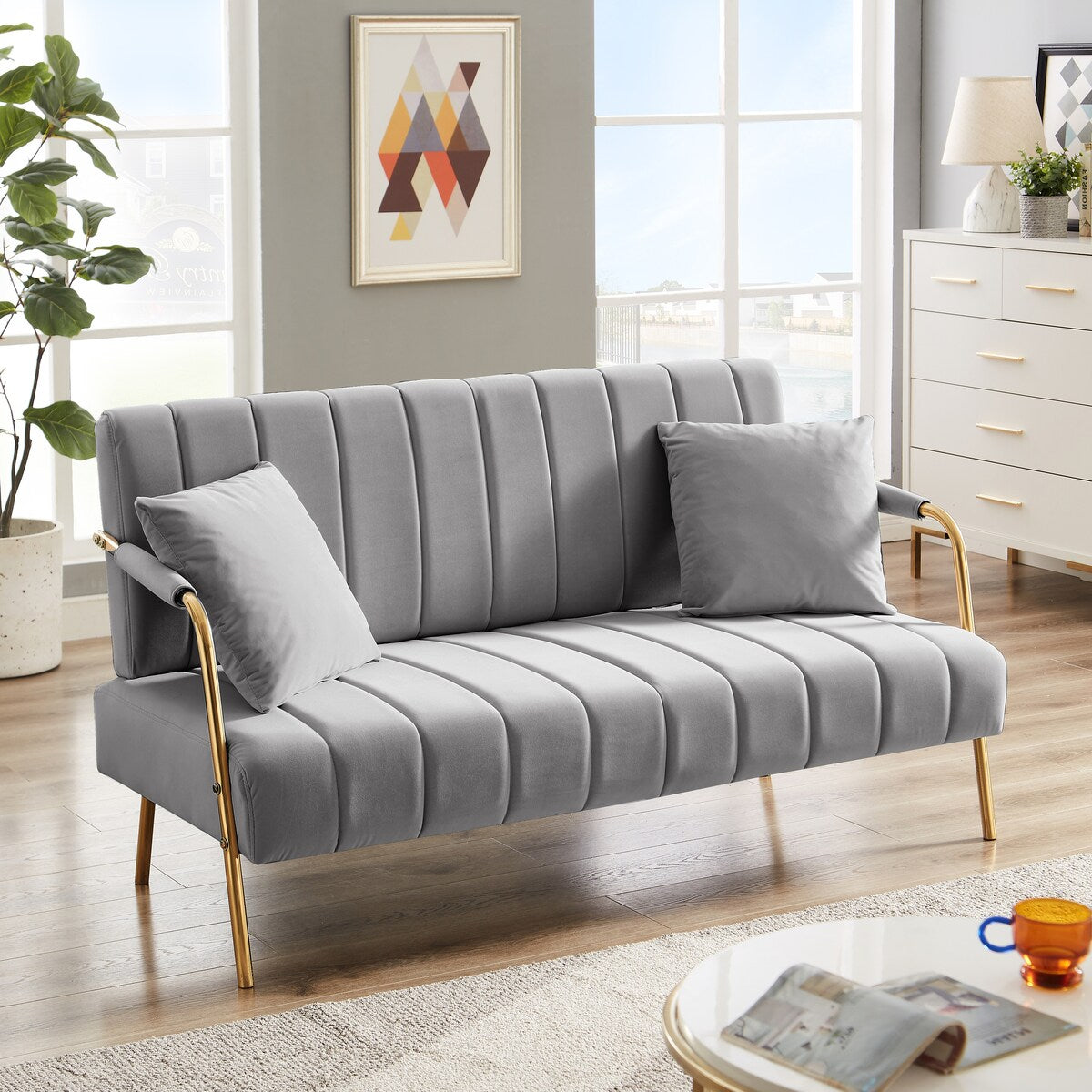 Modern Fabric Sofa With Two Throw Pillows,Suitable Many Places,2 Seat