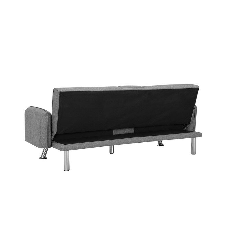 Modern Fabric Sofa with a Drop Down Middle Back and 2 Cup Holders, Upholstered Modern Convertible Folding Futon Loveseat,Gray