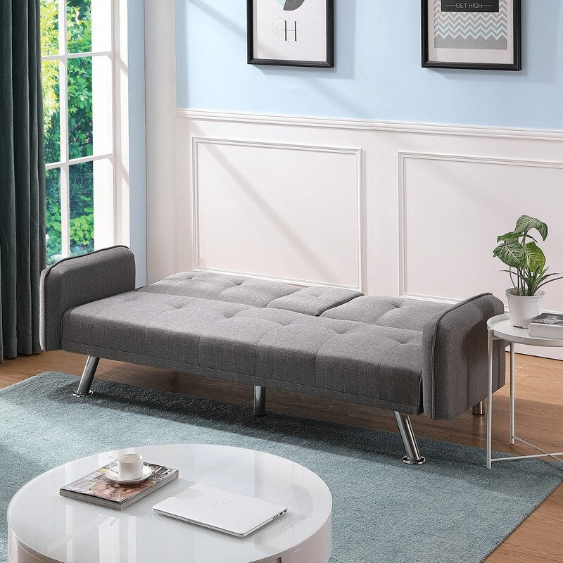Modern Fabric Sofa with a Drop Down Middle Back and 2 Cup Holders, Upholstered Modern Convertible Folding Futon Loveseat,Gray