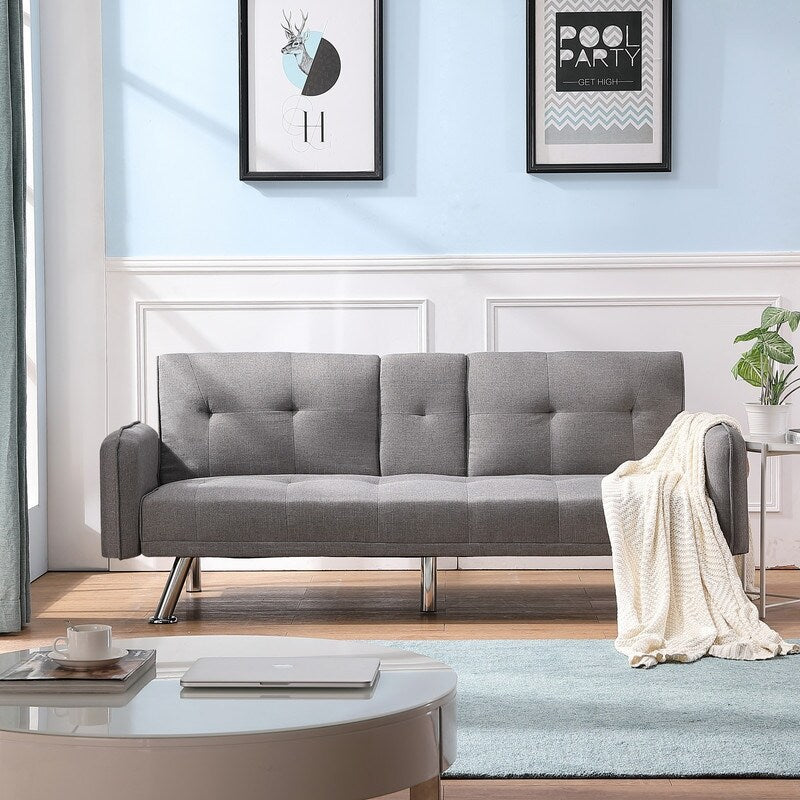 Modern Fabric Sofa with a Drop Down Middle Back and 2 Cup Holders, Upholstered Modern Convertible Folding Futon Loveseat,Gray