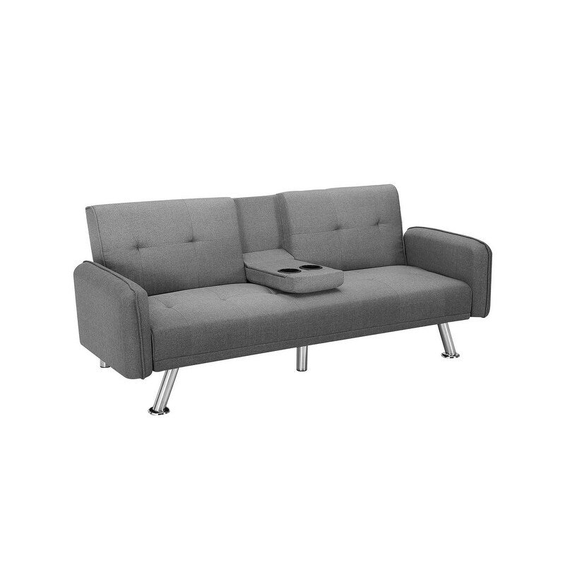 Modern Fabric Sofa with a Drop Down Middle Back and 2 Cup Holders, Upholstered Modern Convertible Folding Futon Loveseat,Gray