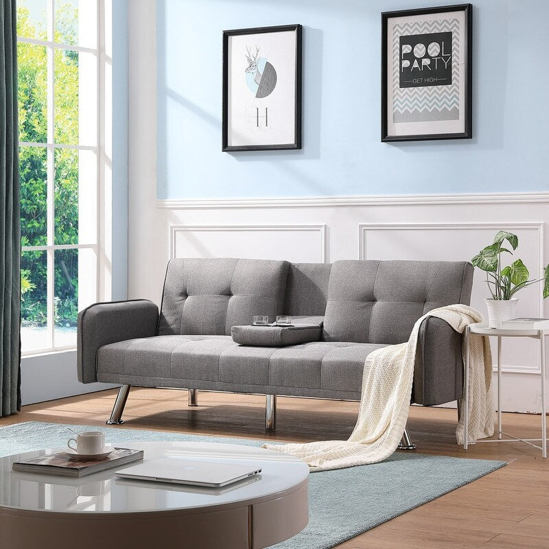 Modern Fabric Sofa with a Drop Down Middle Back and 2 Cup Holders, Upholstered Modern Convertible Folding Futon Loveseat,Gray