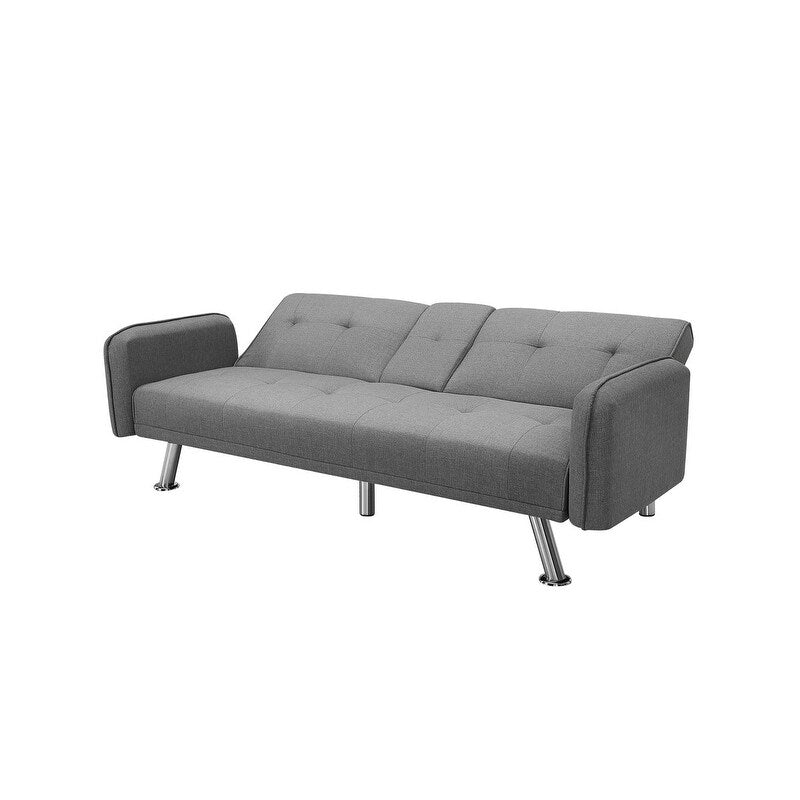 Modern Fabric Sofa with a Drop Down Middle Back and 2 Cup Holders, Upholstered Modern Convertible Folding Futon Loveseat,Gray