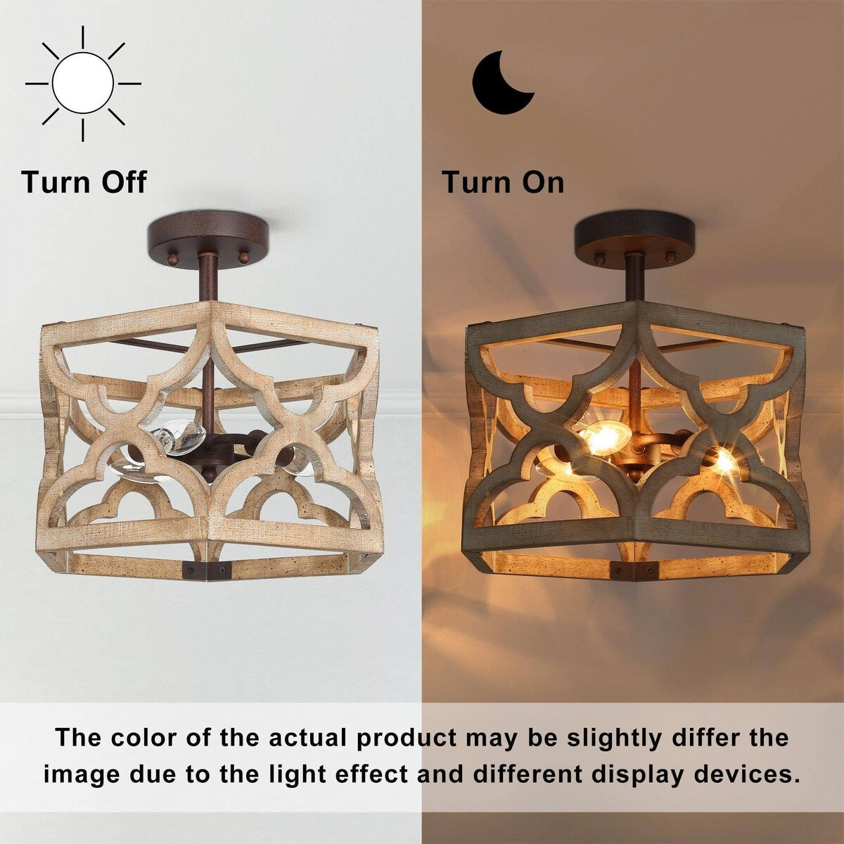 Modern Farmhouse 3-Light Wood Semi-Flush Mount Rustic Ceiling Light - D14"x H 13"