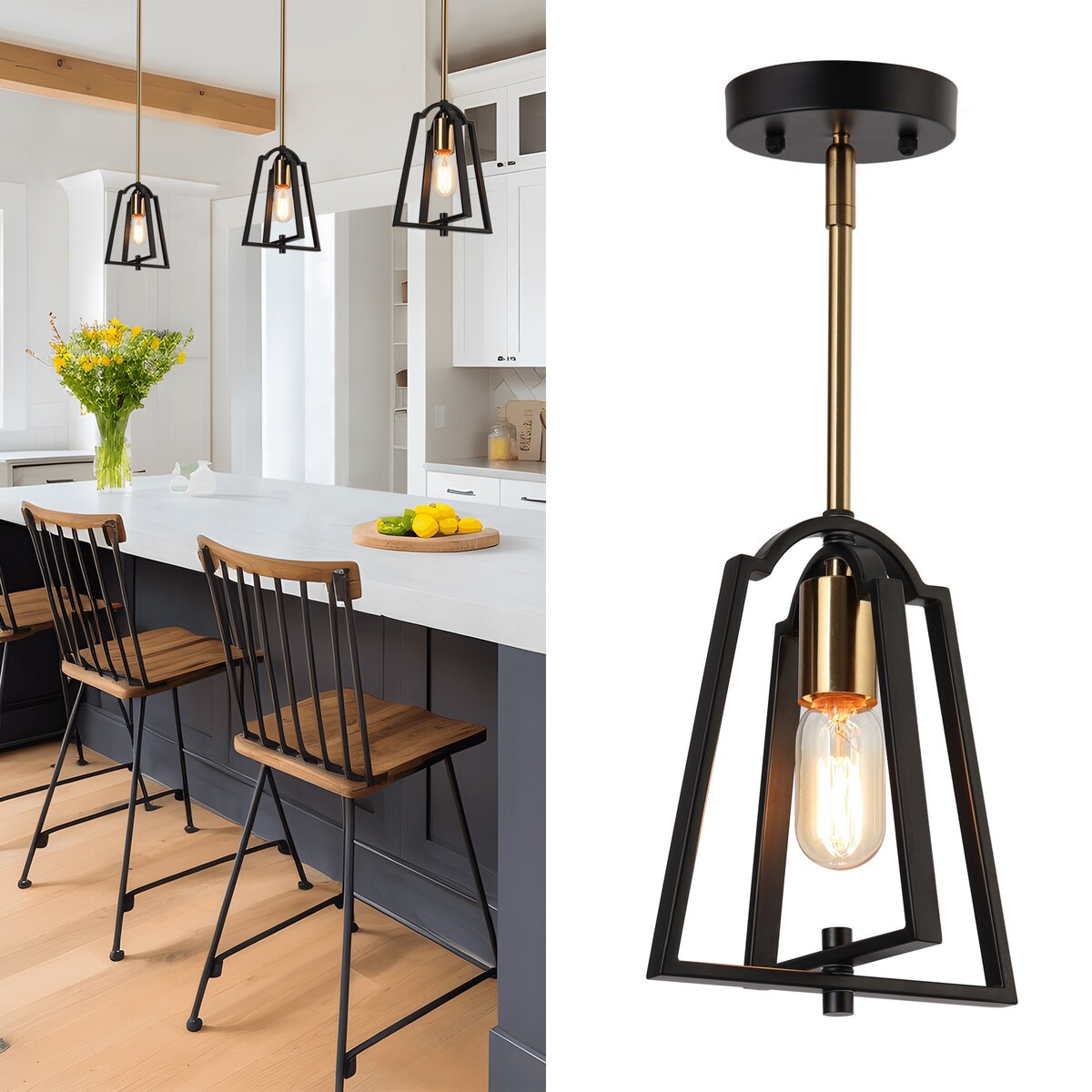 Modern Farmhouse 1-Light Mini Metal Cage Island Pendant Lights for Dining Room - 8" L x 6.5" W x 10" H