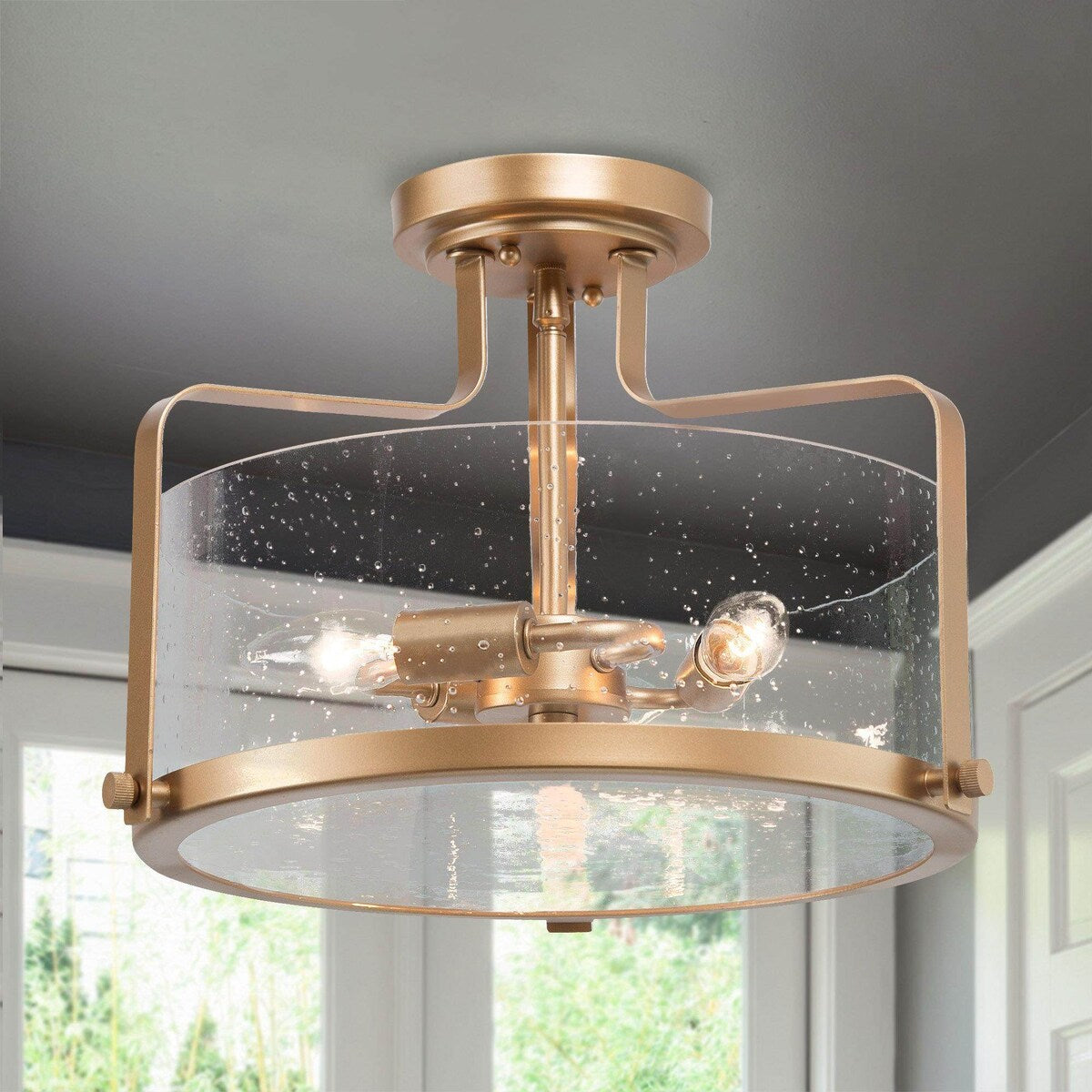 Modern Farmhouse 3-Light Drum Glass Semi-Flush Mount Ceiling Lights