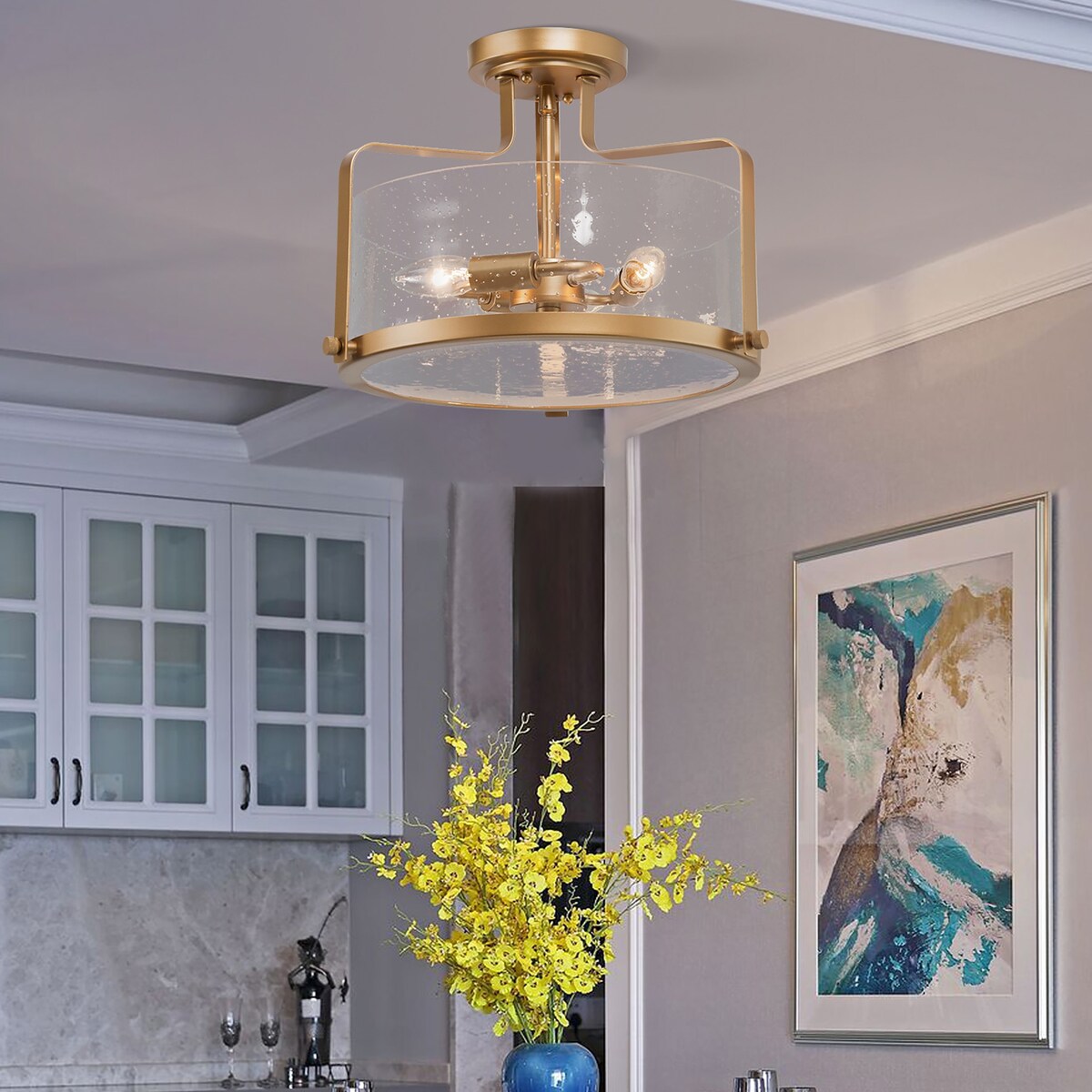 Modern Farmhouse 3-Light Drum Glass Semi-Flush Mount Ceiling Lights