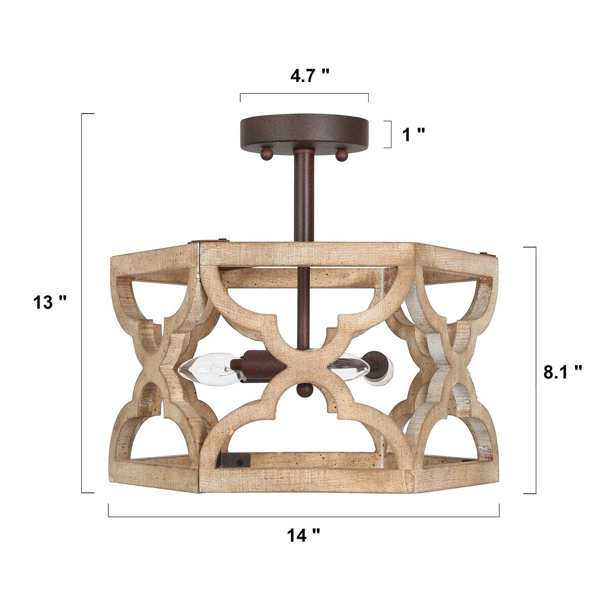 Modern Farmhouse 3-Light Wood Semi-Flush Mount Rustic Ceiling Light - D14"x H 13"